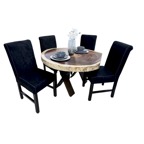 JGO DE COMEDOR "SLAB" REDONDO TABLON MADERA 4 SILLAS #INTERIORISA